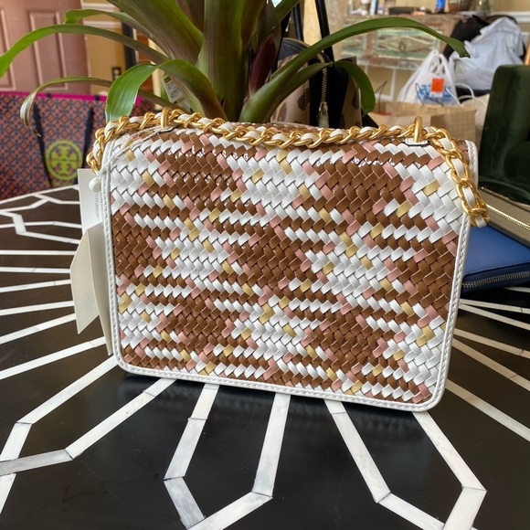Tory Burch Britten Multicolor Cream & Pink Woven Small Adjustable Shoulder Bag - Picture 2 of 15